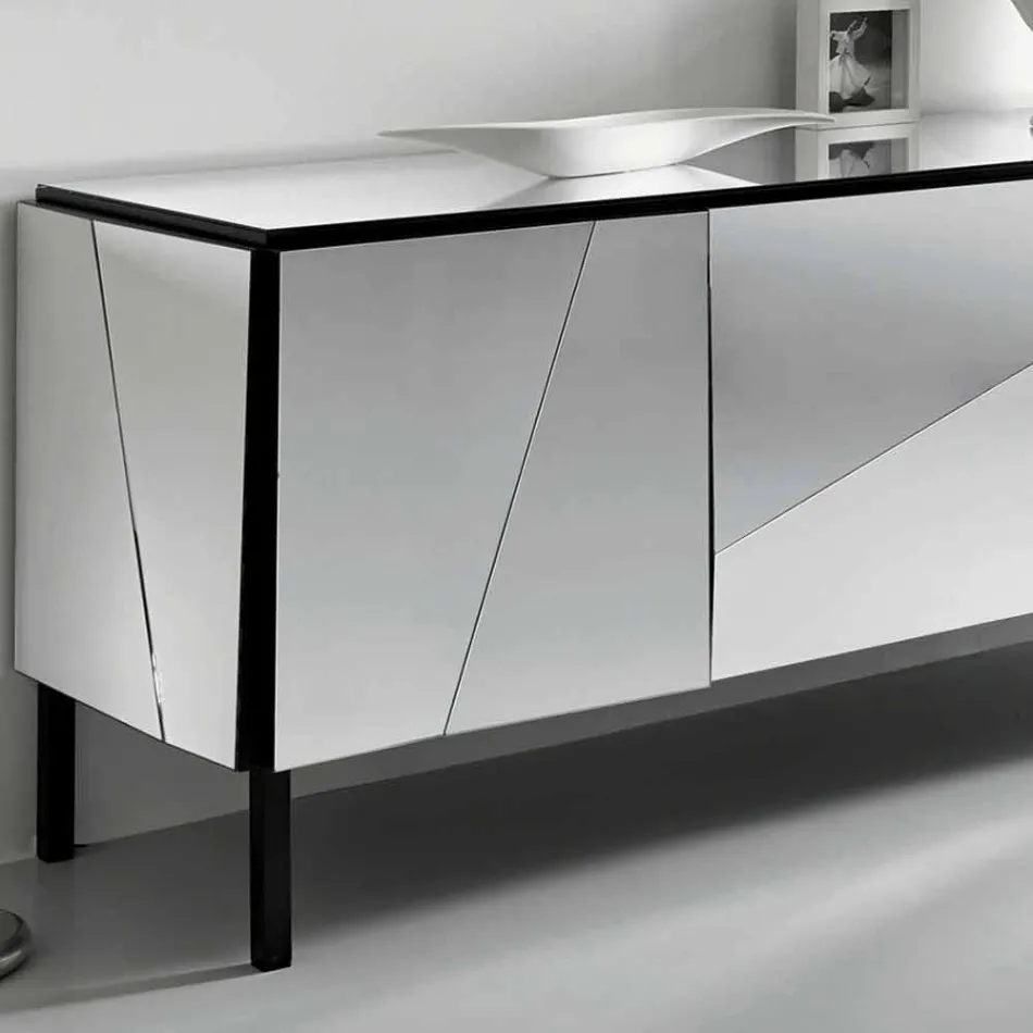 Lounge Sideboard in Matt Black Wood and Mirror Glass Top Liscio - Senese Viadurini