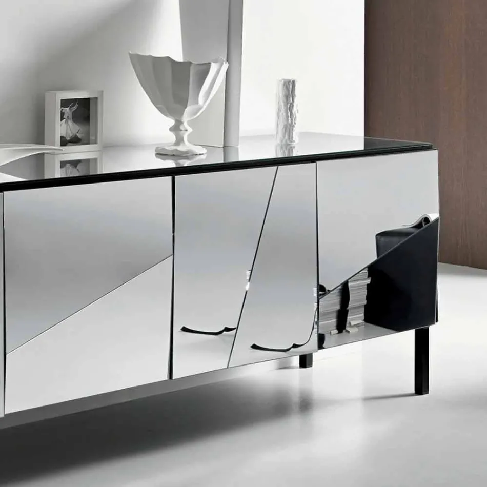 Lounge Sideboard in Matt Black Wood and Mirror Glass Top Liscio - Senese Viadurini