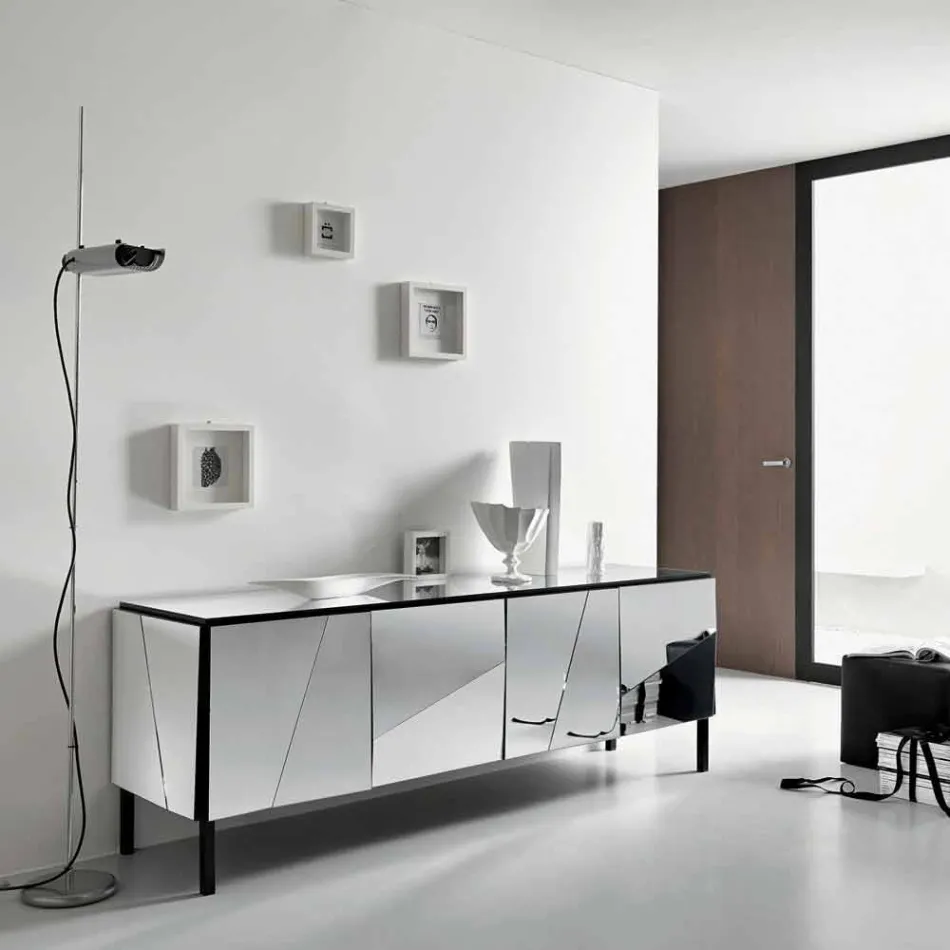 Lounge Sideboard in Matt Black Wood and Mirror Glass Top Liscio - Senese Viadurini