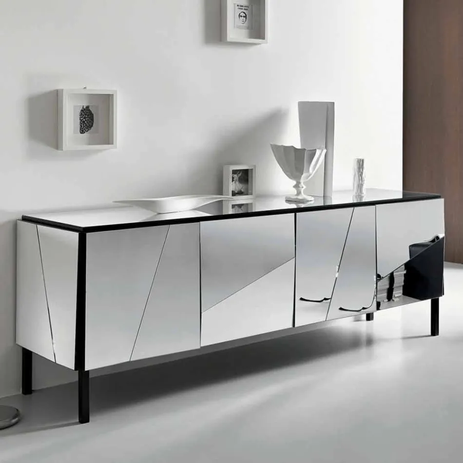 Lounge Sideboard in Matt Black Wood and Mirror Glass Top Liscio - Senese Viadurini