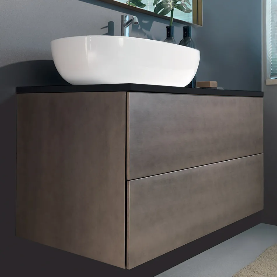 Suspended Bathroom Furniture in Wood, Metal and Ceramic W96 cm, Precious - Renga Viadurini
