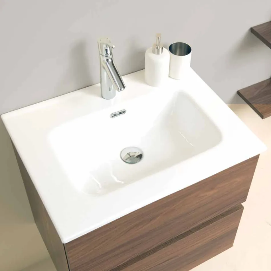 Suspended Design Bathroom Furniture in Melamine Walnut - Becky Viadurini