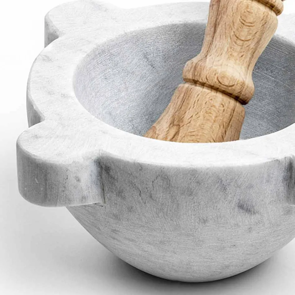 Mortar in White Carrara Marble with Wooden Pestle Made in Italy - Winda Viadurini