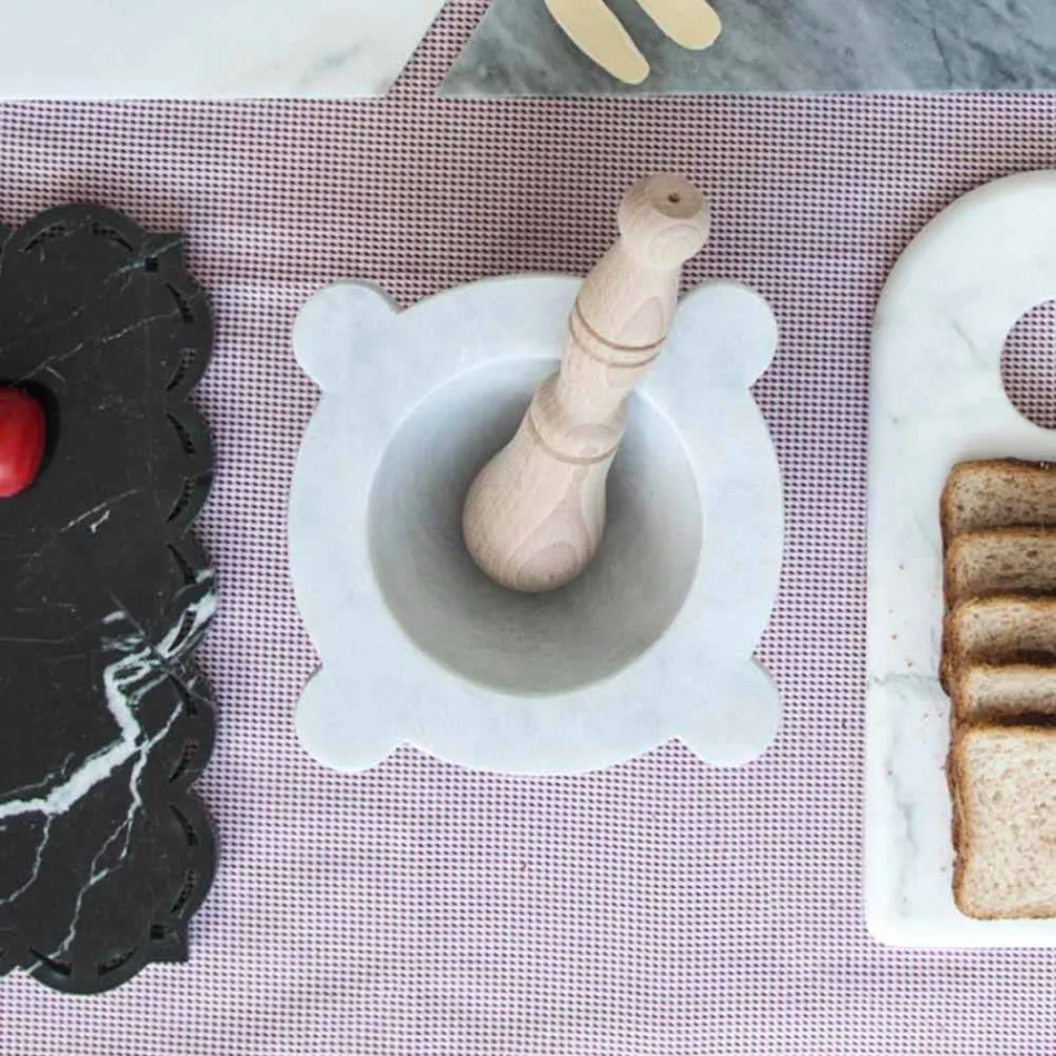 Mortar in White Carrara Marble with Wooden Pestle Made in Italy - Winda Viadurini