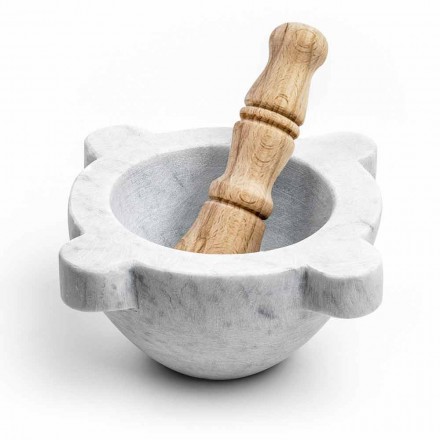 Mortar in White Carrara Marble with Wooden Pestle Made in Italy - Winda Viadurini
