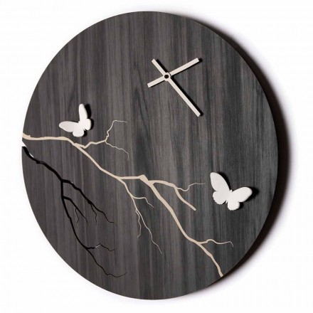 Round Design Wall Clock in Laser Engraved Wood and 3D Butterflies - Farfo Viadurini