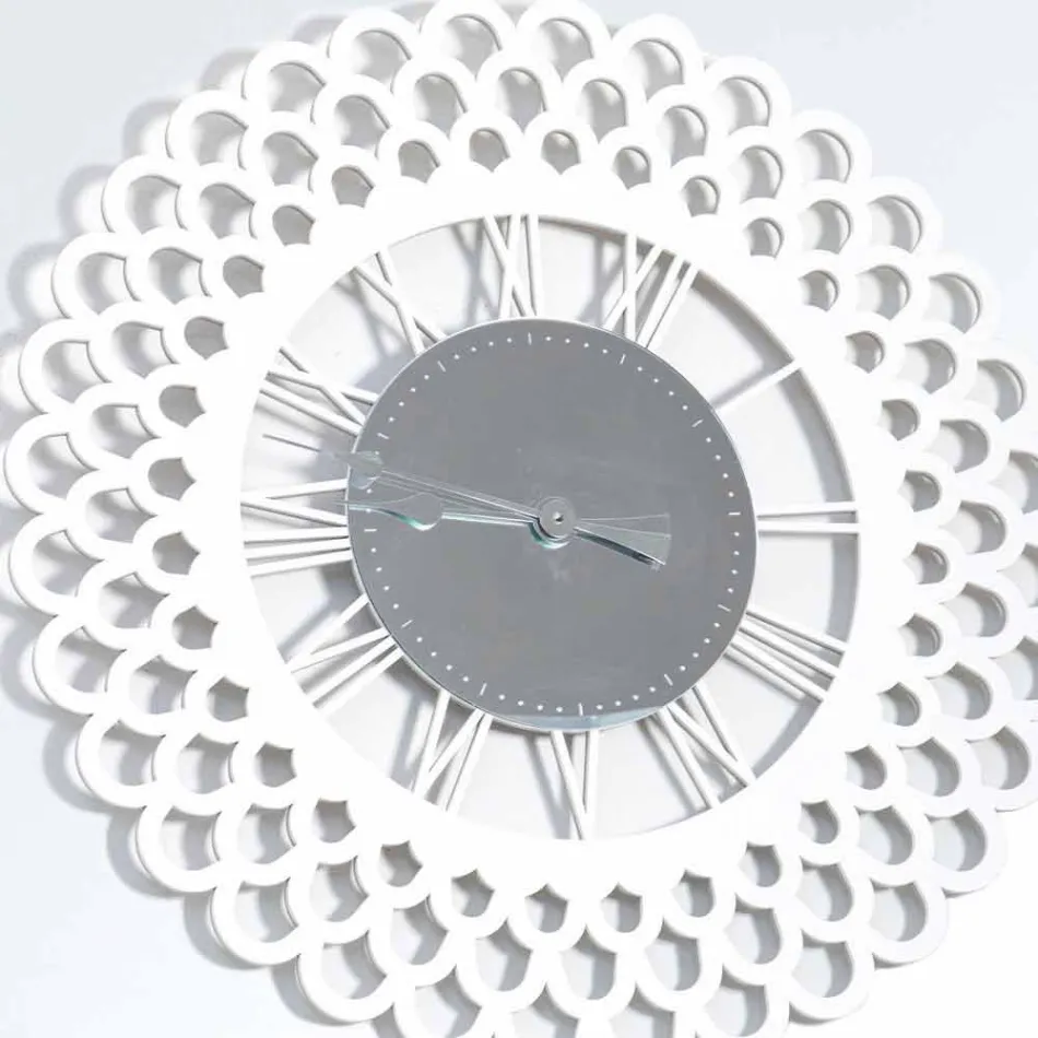 Wall Clock in White Wood with Large and Modern Floral Design - Gerbera Viadurini