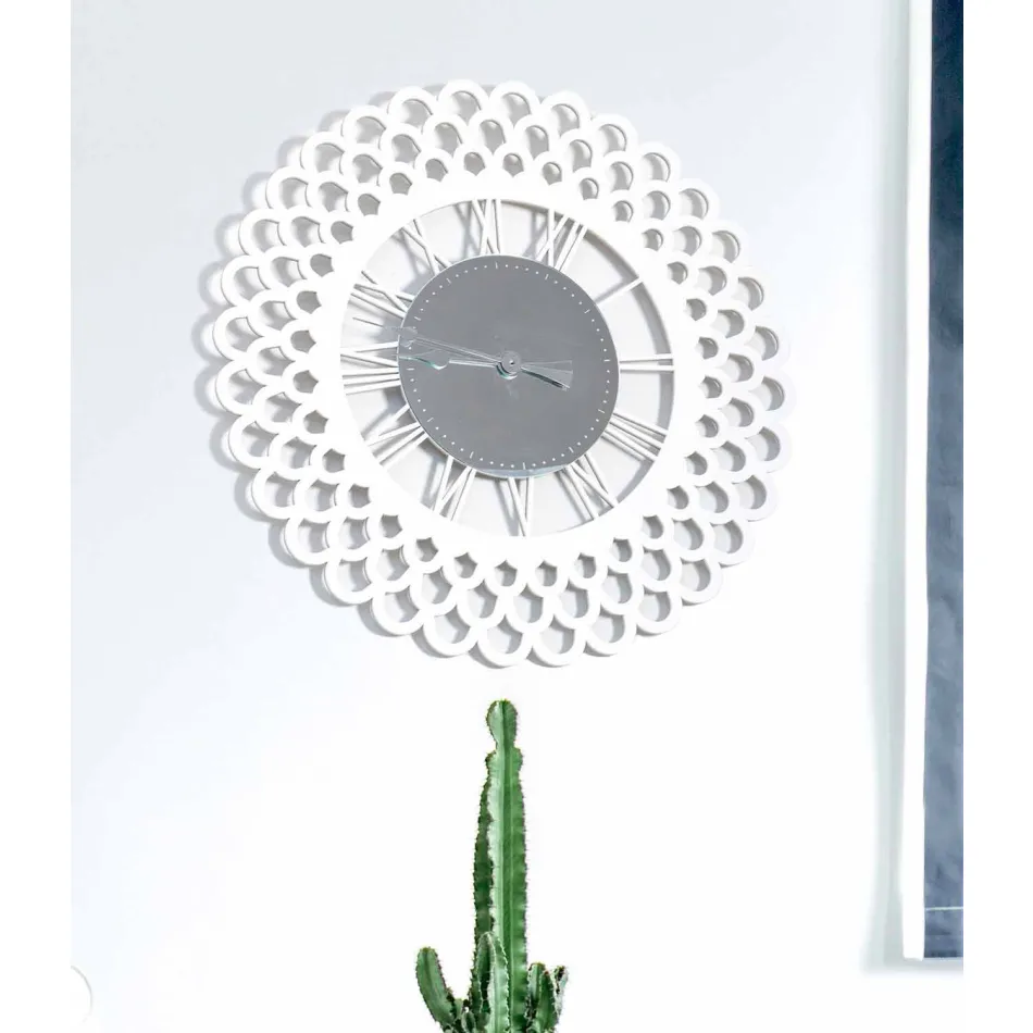 Wall Clock in White Wood with Large and Modern Floral Design - Gerbera Viadurini