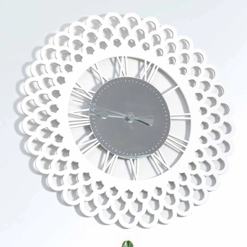 Wall Clock in White Wood with Large and Modern Floral Design - Gerbera Viadurini