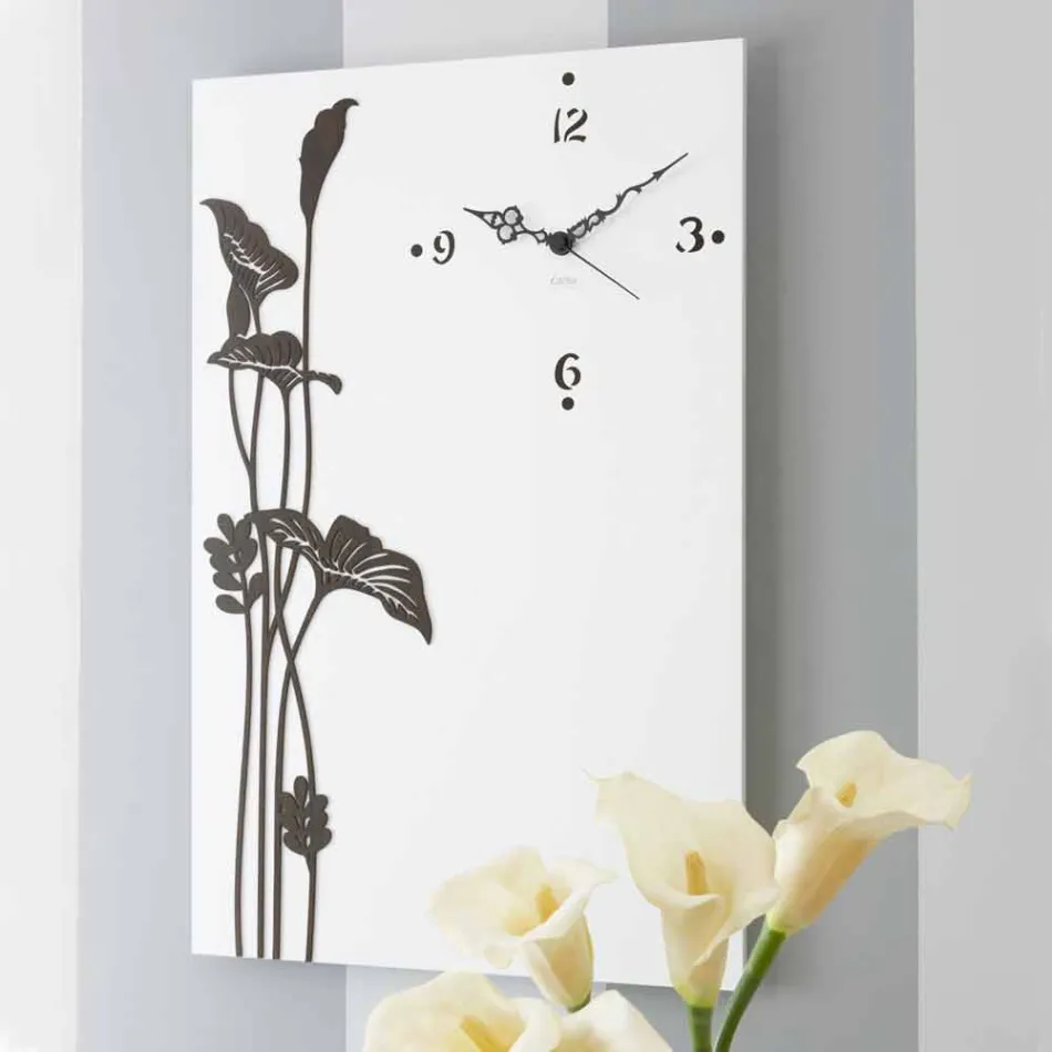 Modern Rectangular Wall Clock in Decorated White Wood - Crocus Viadurini