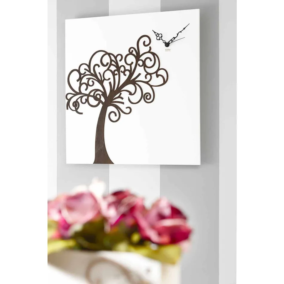 Design Wall Clock in White Square Wood with Tree - Alberoeden Viadurini