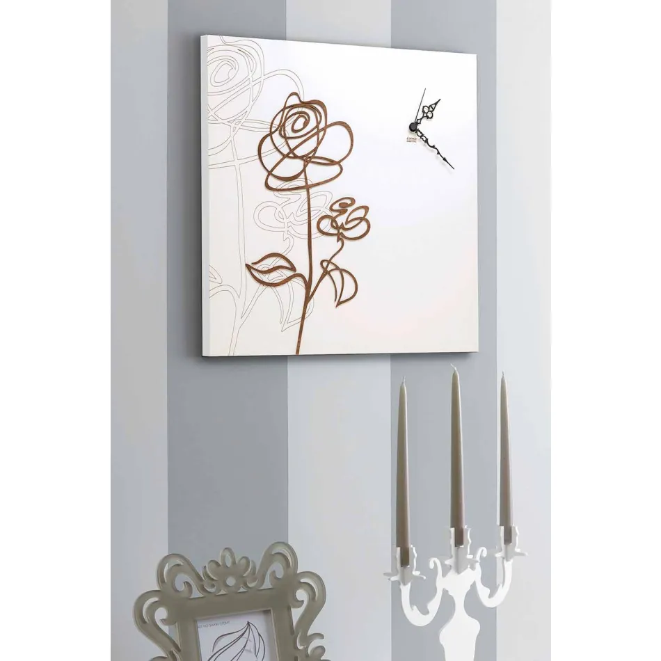 Square White Wooden Wall Clock with Modern Rose Decoration - Bucaneve Viadurini