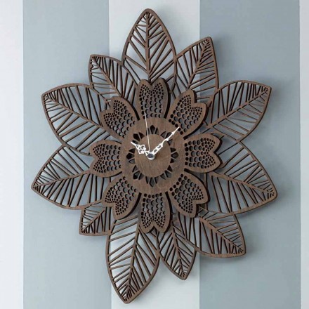 Wall Clock in Light or Dark Wood with a Modern Flower Design - Aquilegia Viadurini