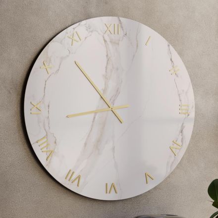 Calacatta Marble Effect Glass Wall Clock with Brass Hands - Axis Viadurini