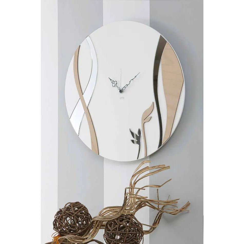 Modern and Round Wall Clock with Decorated Wood Design - Armonio Viadurini