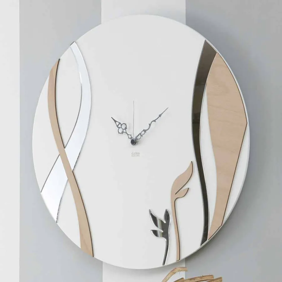 Modern and Round Wall Clock with Decorated Wood Design - Armonio Viadurini