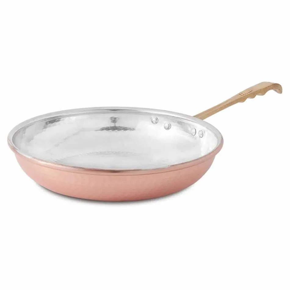 Round Pan in Tinned Copper by Hand with Handle and Lid 36 cm - Gianluigi Viadurini