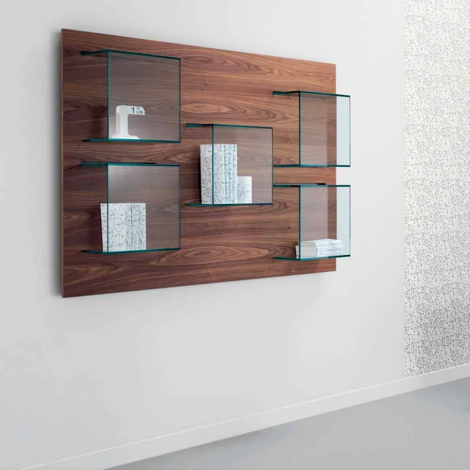 Wall Panel in Canaletto Walnut Wood and Glass Shelves 2 Sizes - Basil Viadurini