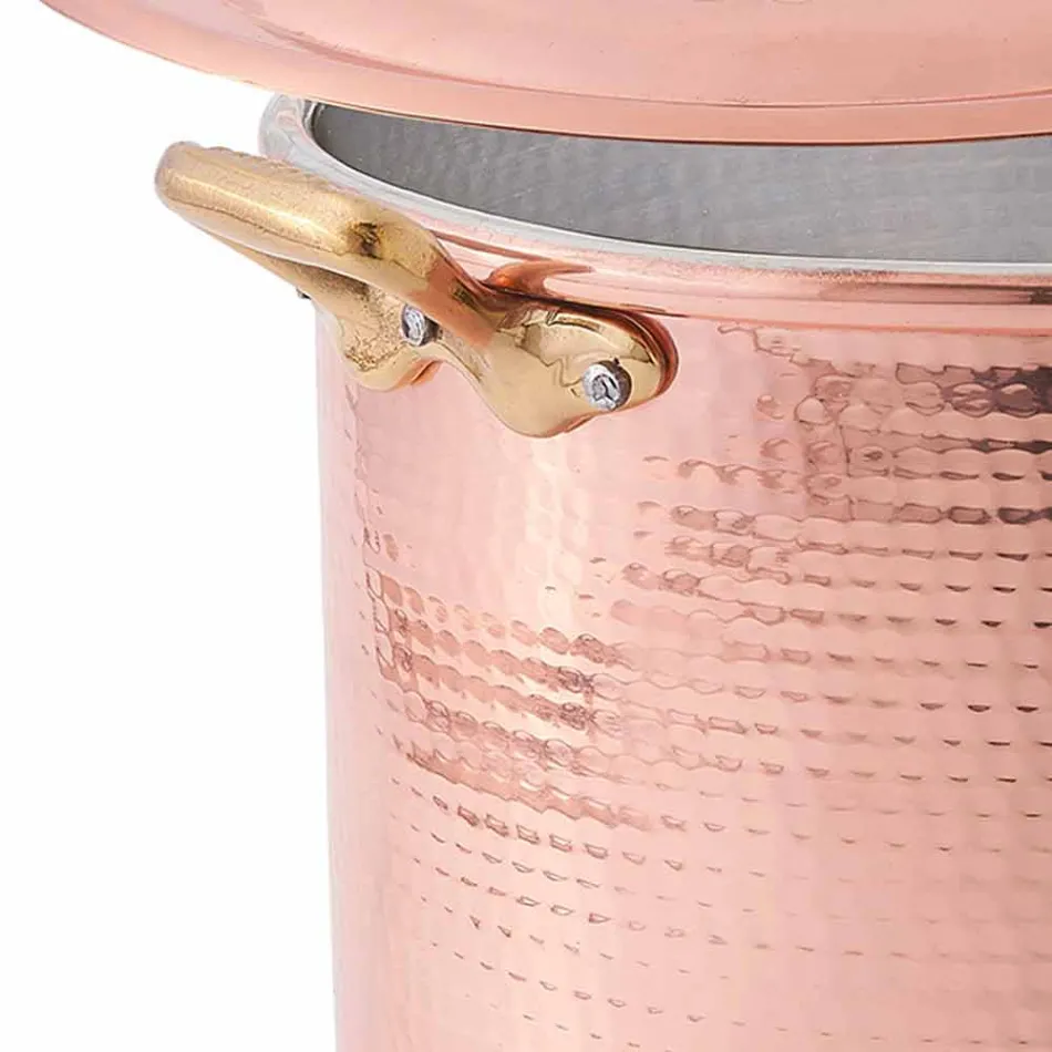 High Pot in Hand Tinned Copper with Handles and Lid 24 cm - Mariarita Viadurini