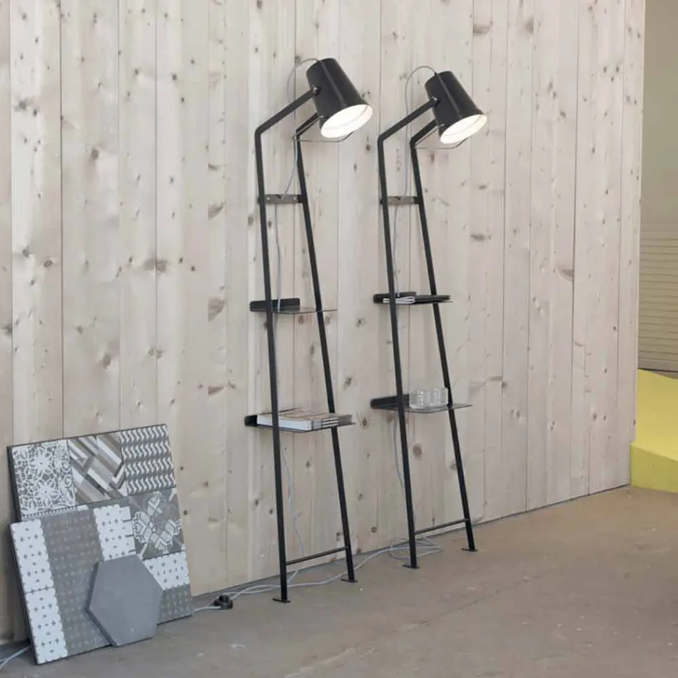 Lounge Floor Lamp in White or Matt Black Metal with Shelves - Butler Viadurini