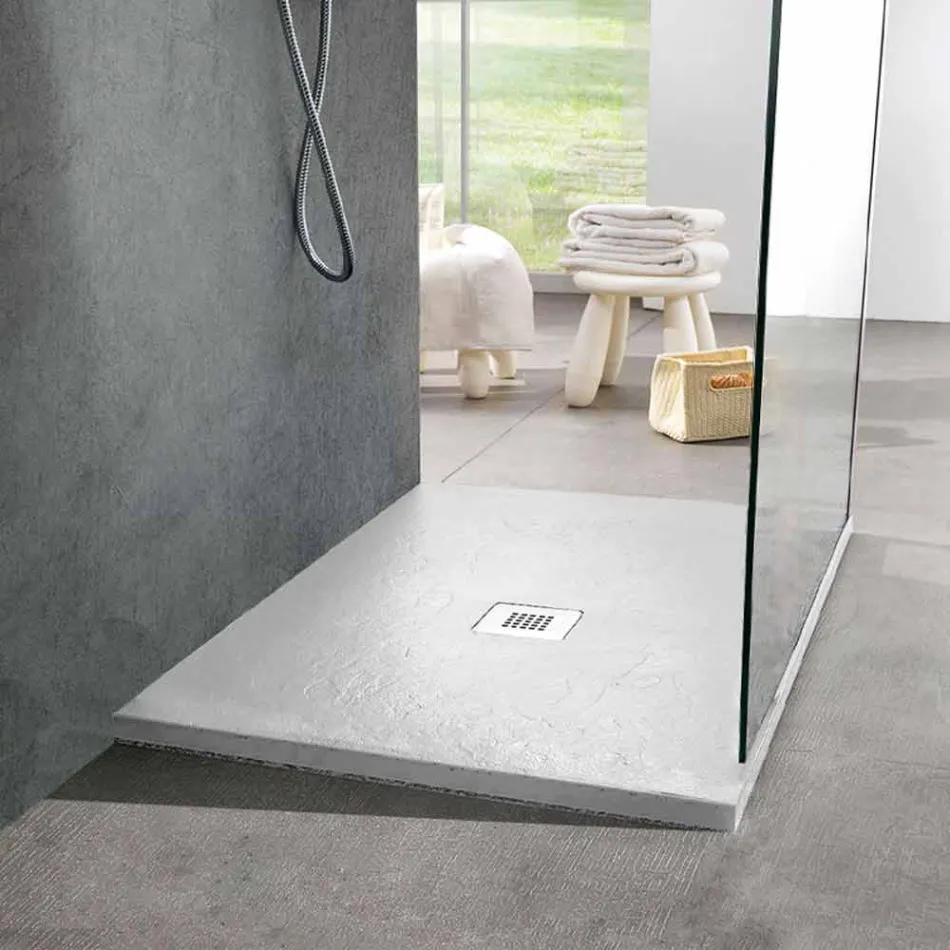 Square Shower Tray 80x80 in White Slate Effect Resin and Steel - Sommo Viadurini