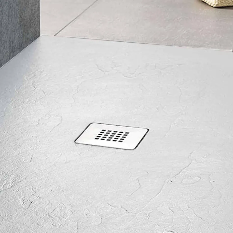 Square Shower Tray 80x80 in White Slate Effect Resin and Steel - Sommo Viadurini