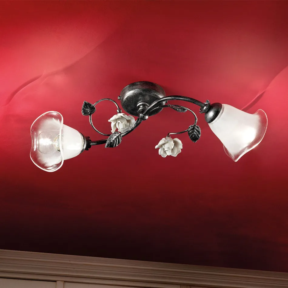 2 Lights Ceiling Lamp in Iron, Glass and Roses with Ceramic Decoration - Siena Viadurini
