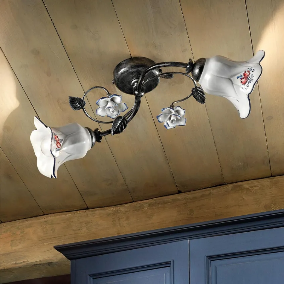 2 Lights Ceiling Lamp in Metal and Ceramic with Hand Painted Roses - Pisa Viadurini