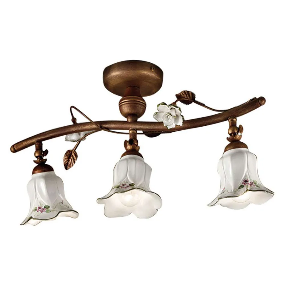 Artisan Ceramic 3-Light Ceiling Lamp with Rose Decoration - Pisa Viadurini