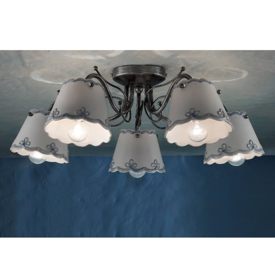 Ceiling Lamp with 3 or 5 Lights in Hand Painted Embroidery Effect Ceramic - Ravenna Viadurini