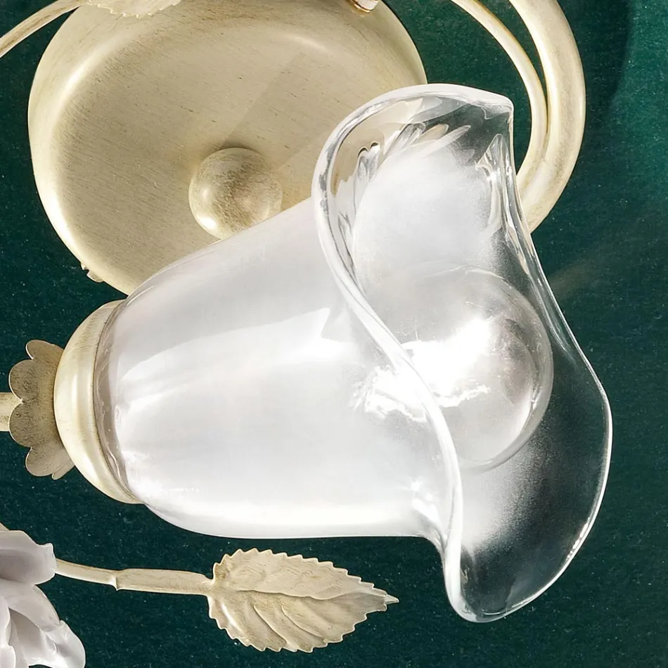 Ceiling Lamp in Iron, Sandblasted Glass and Roses of Ceramic Decoration - Siena Viadurini