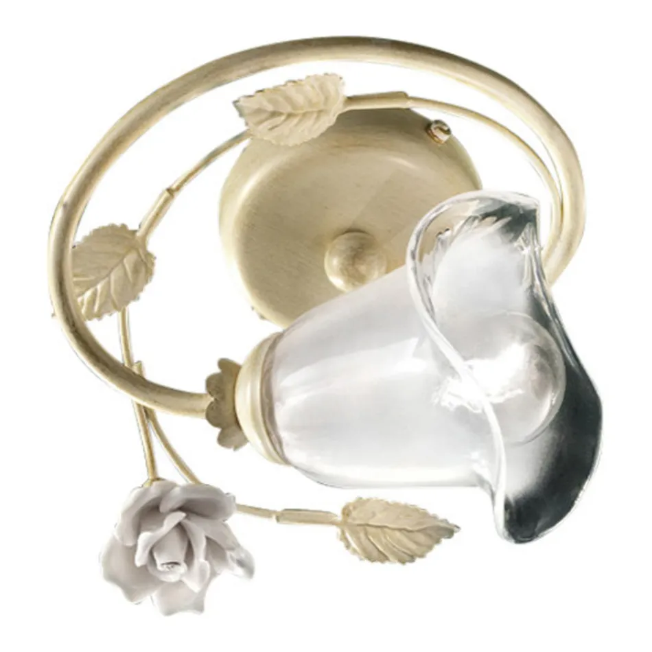 Ceiling Lamp in Iron, Sandblasted Glass and Roses of Ceramic Decoration - Siena Viadurini