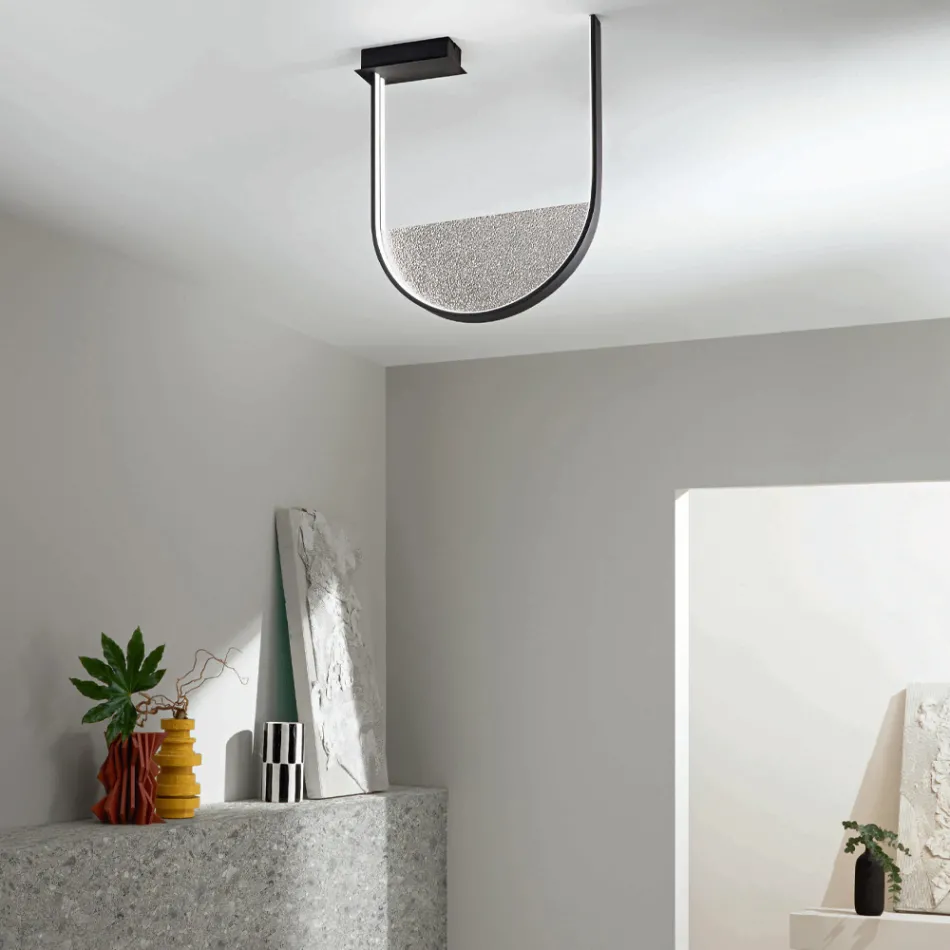 Ceiling Lamp in Painted Metal and Removable Insert in Granulated Glass - Catalpa Viadurini