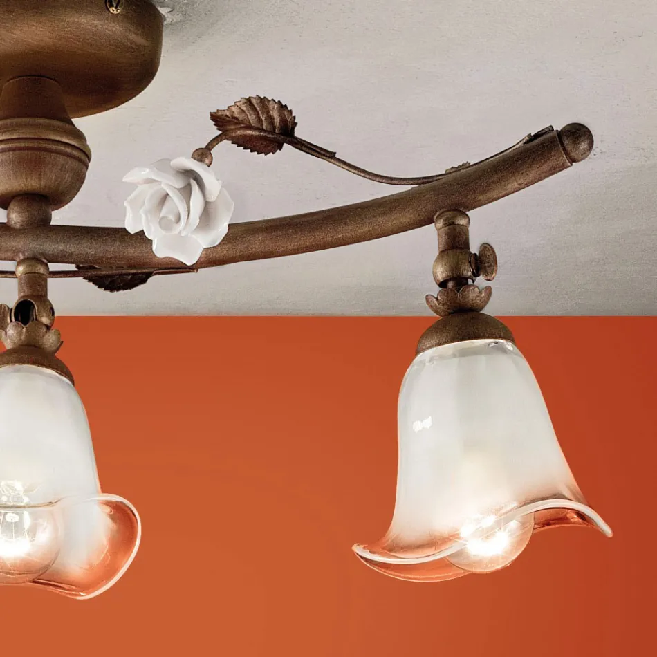 Linear ceiling lamp with 3 lights in iron, glass and ceramic roses - Siena Viadurini