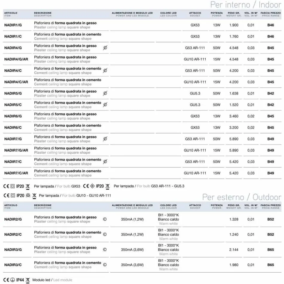 Ceiling square concrete or plaster Nadir 5 Aldo Bernardi Viadurini