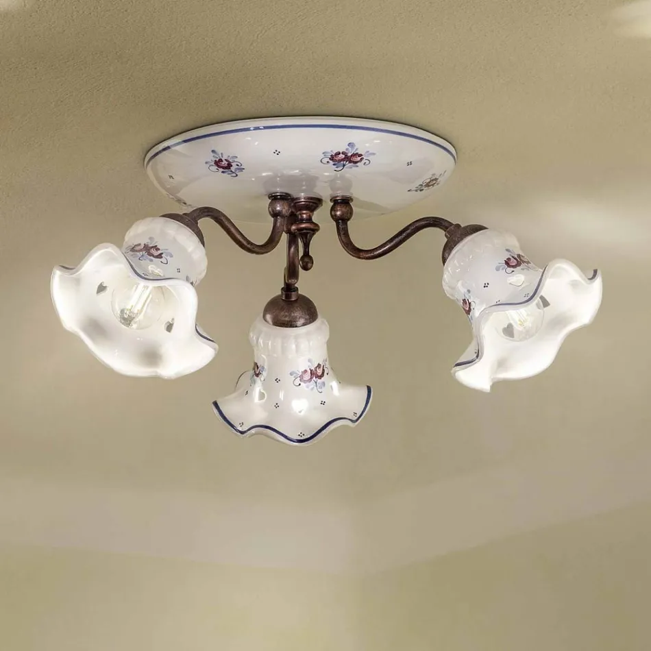 Vintage Artisan Ceiling Lamp in Iron and Hand-Decorated Ceramic - Chieti Viadurini