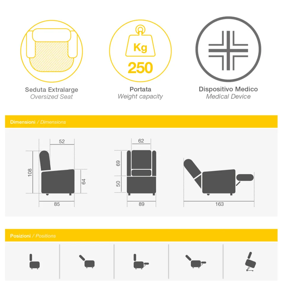 Lift Armchair with Extra Large Seat in Made in Italy Fabric - Margaret Viadurini