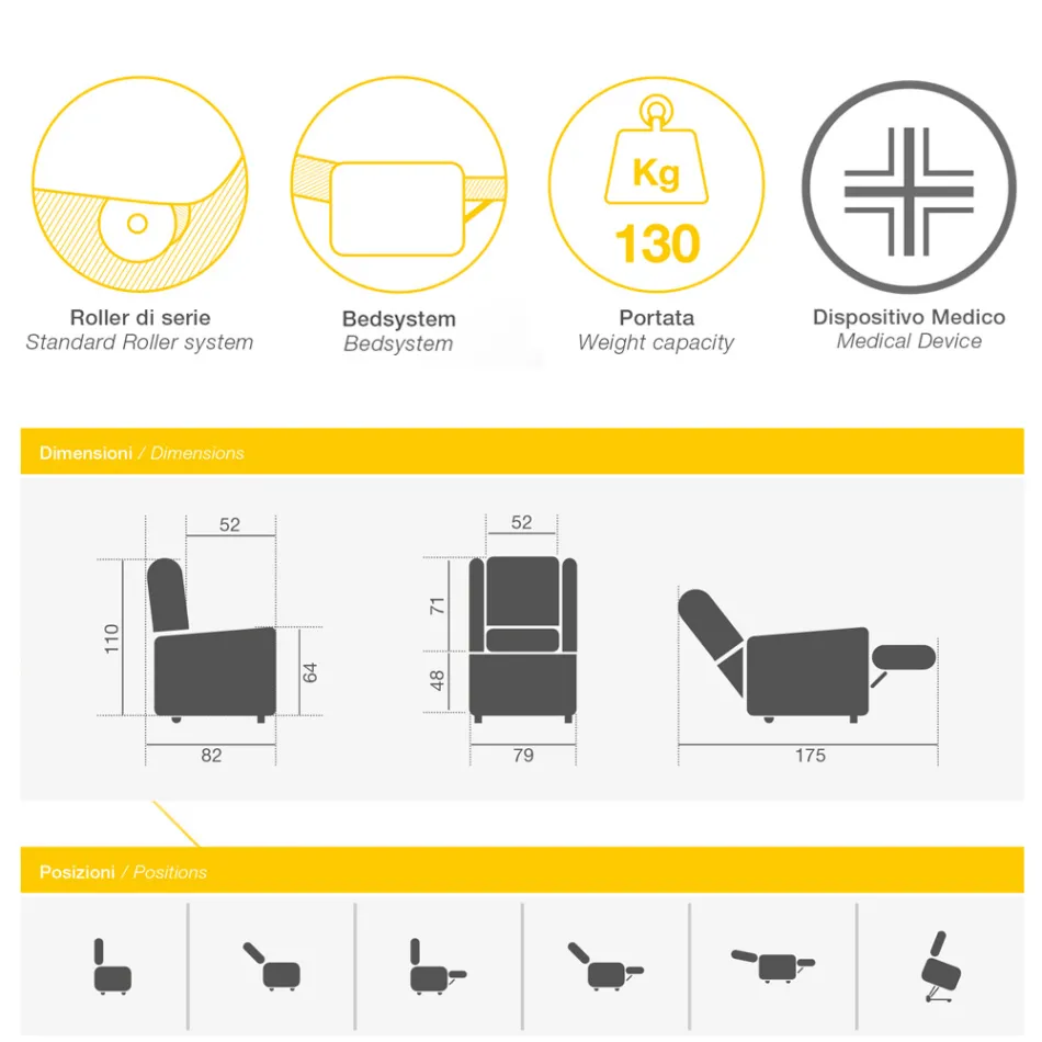 Fabric Lift Armchair with Lift, Relax and Bed Functions - Romina Viadurini