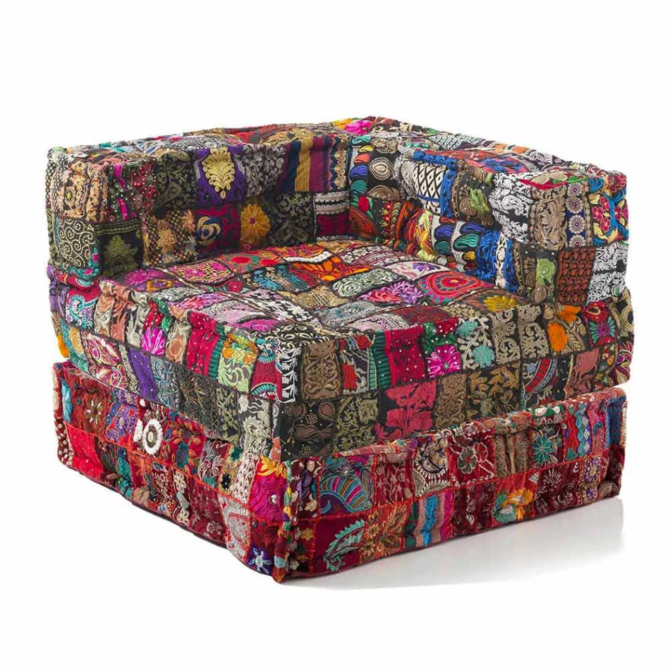 Chaise Longue Armchair of Ethnic Design in Patchwork Cotton, for Lounge - Fibre Viadurini