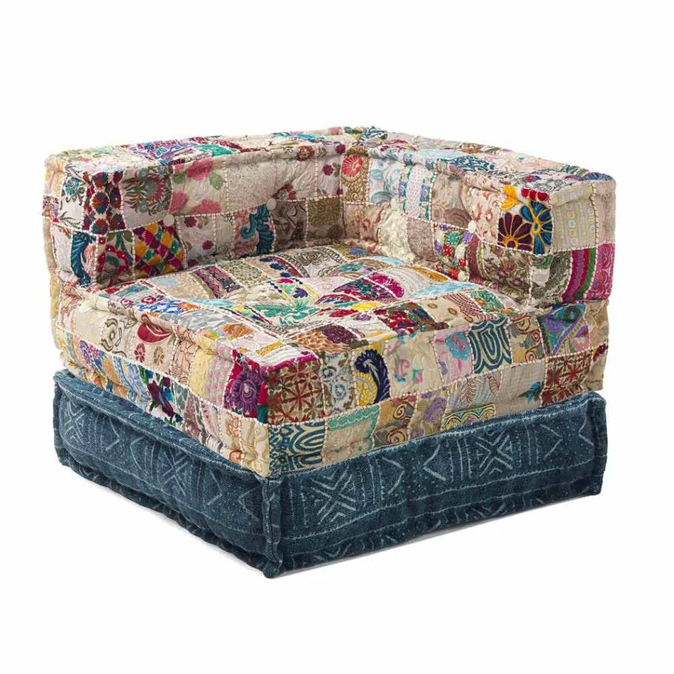 Chaise Longue Armchair of Ethnic Design in Patchwork Cotton, for Lounge - Fibre Viadurini