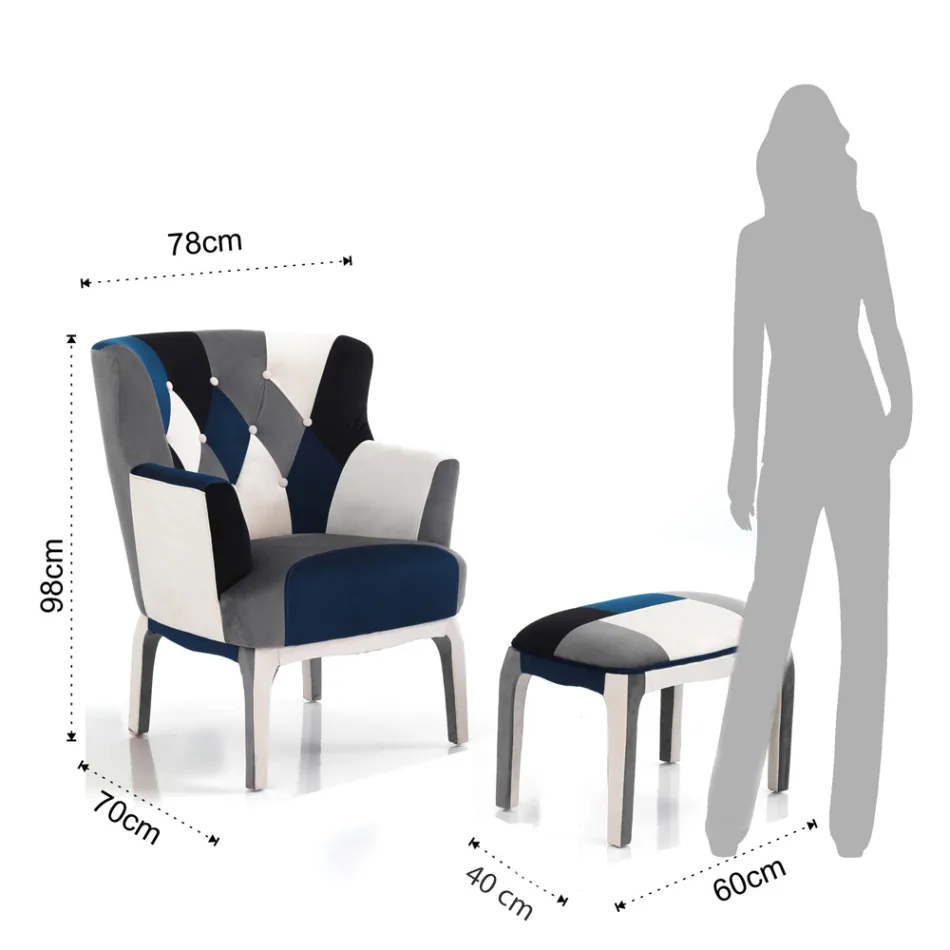 Armchair with Pouf in Patchwork Fabric - Bromo Viadurini