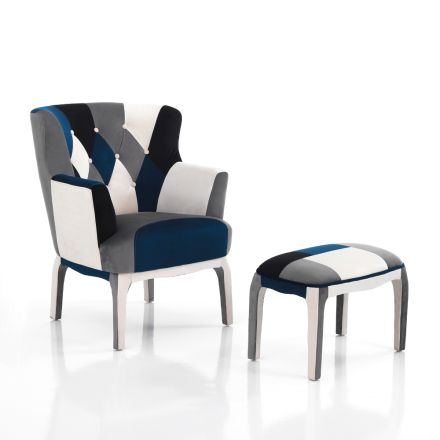 Armchair with Pouf in Patchwork Fabric - Bromo Viadurini