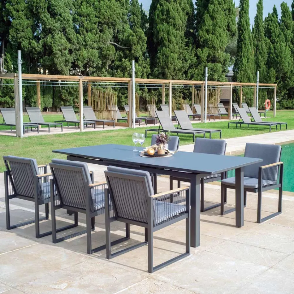 Outdoor Armchair in Aluminium Varnished with Nautical Rope and Teak - Chase Viadurini