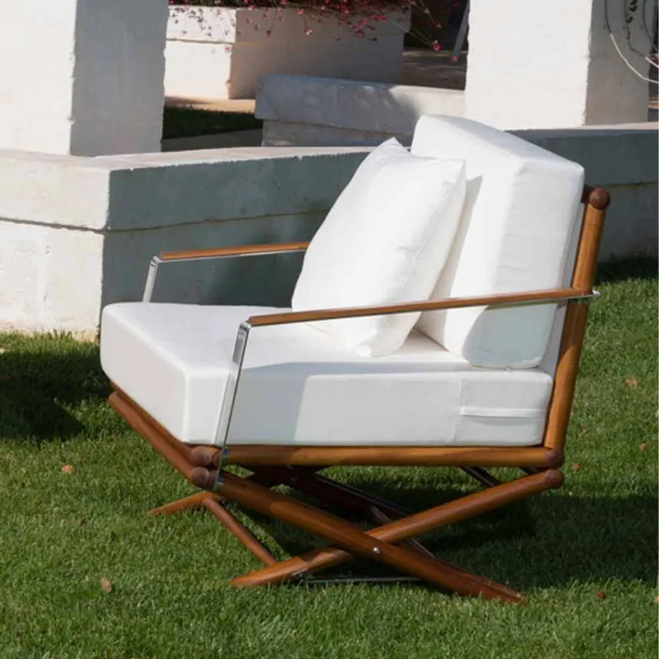 Outdoor Armchair in Natural Wood or Glossy or Matt Black and Cushion - Suzana Viadurini