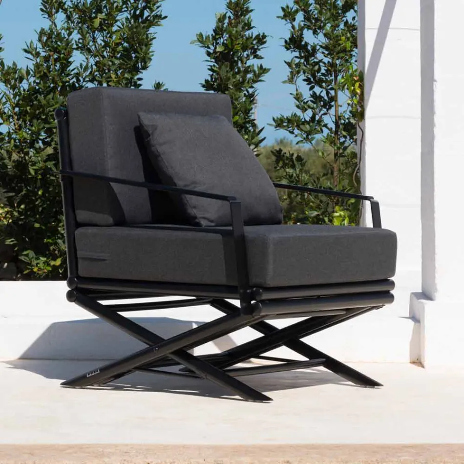 Outdoor Armchair in Natural Wood or Glossy or Matt Black and Cushion - Suzana Viadurini