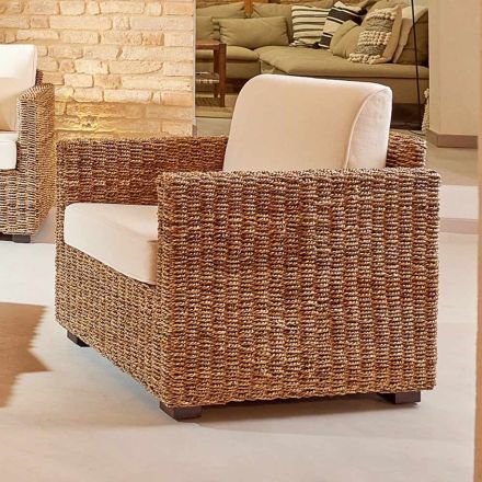 Garden Armchair in Natural Abaca with Cushions - Raziel Viadurini