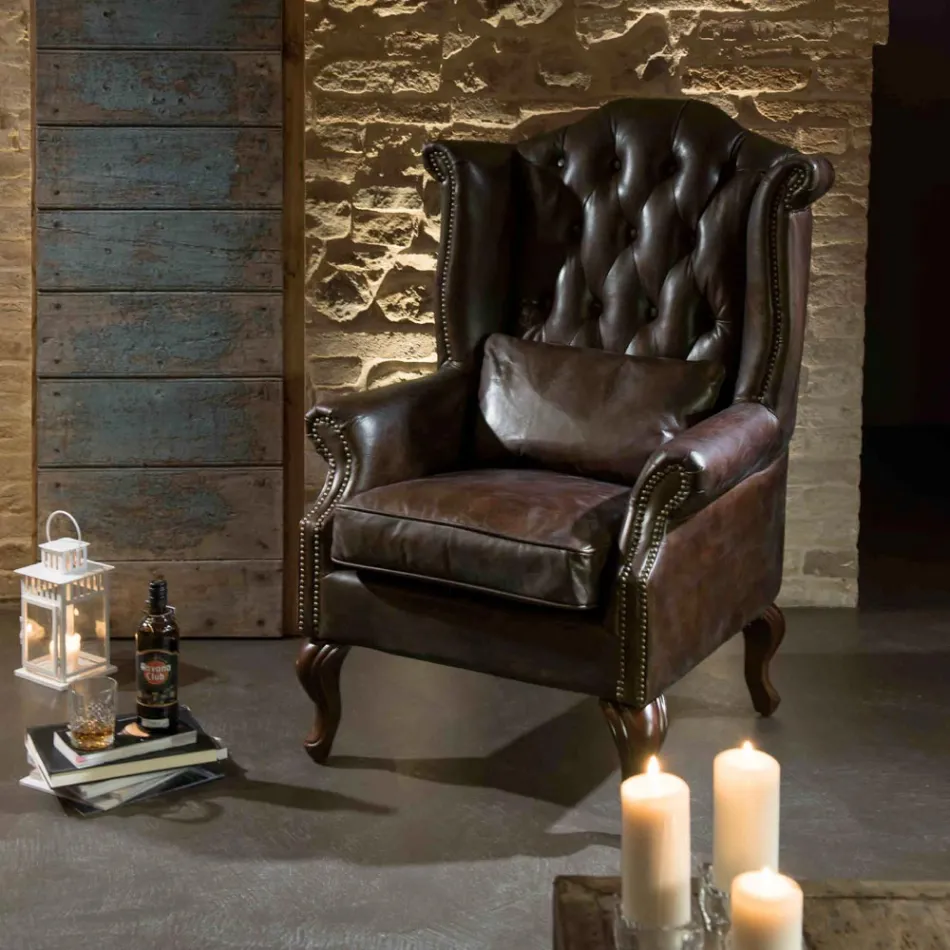 Indoor Armchair Made of Aged Effect Vintage Leather - Stamp Viadurini