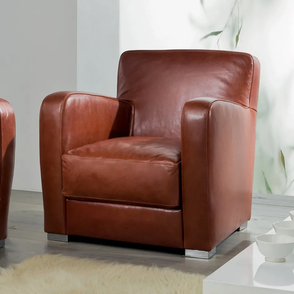 Lounge Armchair in Wood, Leather and Metal Made in Italy - Burlesco Viadurini