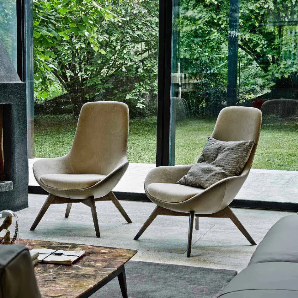 Lounge Armchair in Leather and Fabric with Wooden Base Made in Italy - Ama Viadurini