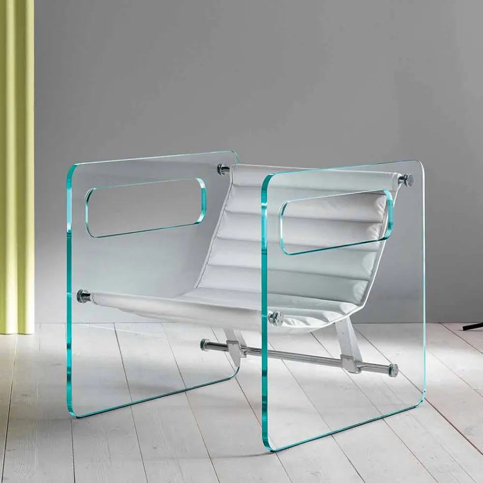 Lounge Armchair in Glass and Seat in White Leather Modern Design - Tecna Viadurini